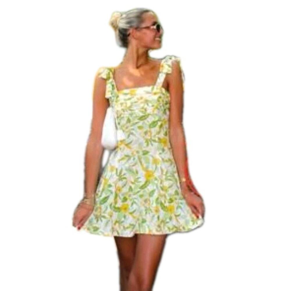 ZARA Strappy Floral Linen Sun Dress Small 8351/037/330 Party Brunch Ruched Bust